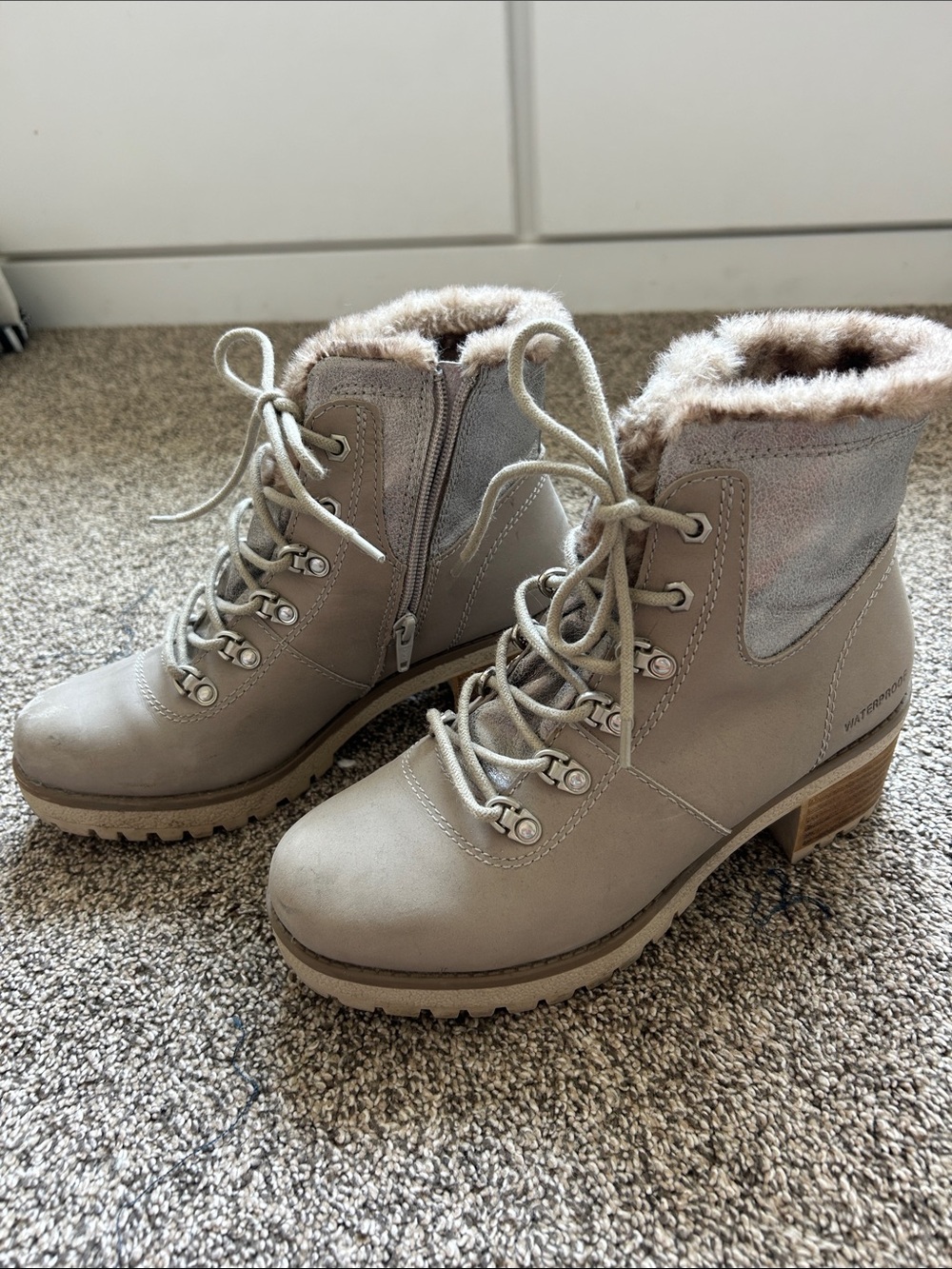 Cougar Taupe Lace-Up Ankle Boots with Faux Fur Trim